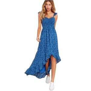 Storia NWT Blue Ruffle Sleeve Smocked High Low Maxi Dress | Size Small